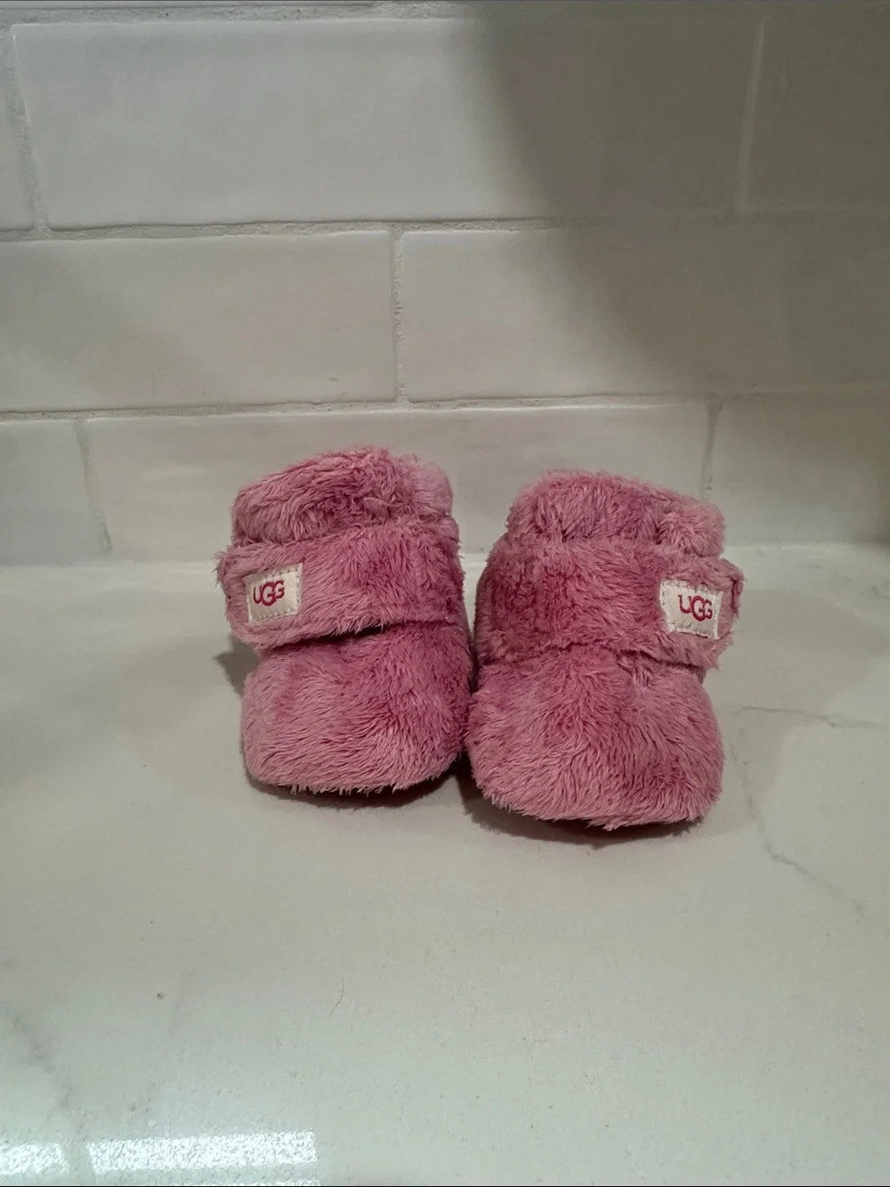 UGG Pink Plush Infant Booties with Hook-and-Loop Strap